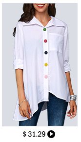 Button Up Asymmetric Hem Pocket White Blouse