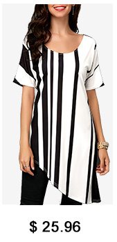 Scoop Neck Short Sleeve Striped Asymmetric Hem Blouse