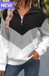 Black Jacquard Long Sleeve Turn Down Collar Sweatshirt