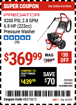 3200 PSI 2 8 GPM 6 8 HP 223cc Pressure Washer EPA