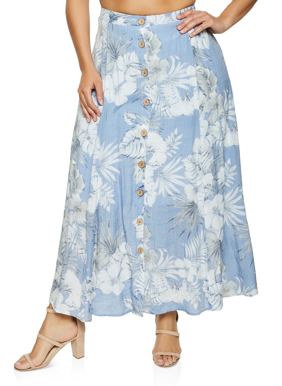 Plus Size Button Front Floral Maxi Skirt