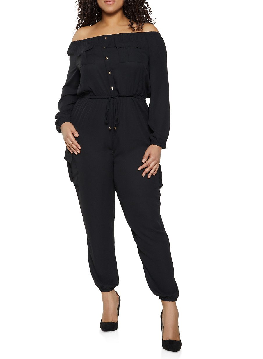 Plus Size Off the Shoulder Cargo Jumpsuit