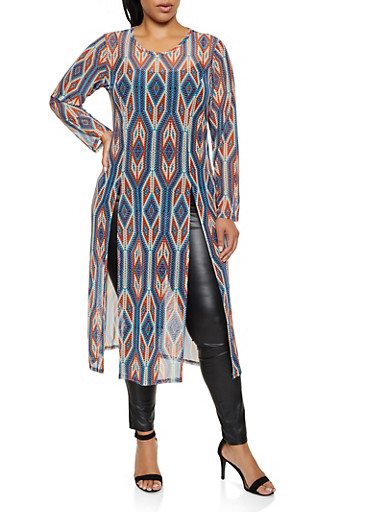 Plus Size Printed Mesh Sheer Maxi Top