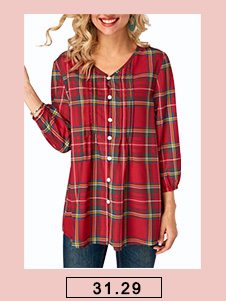 Blouson Sleeve Plaid Print V Neck Blouse