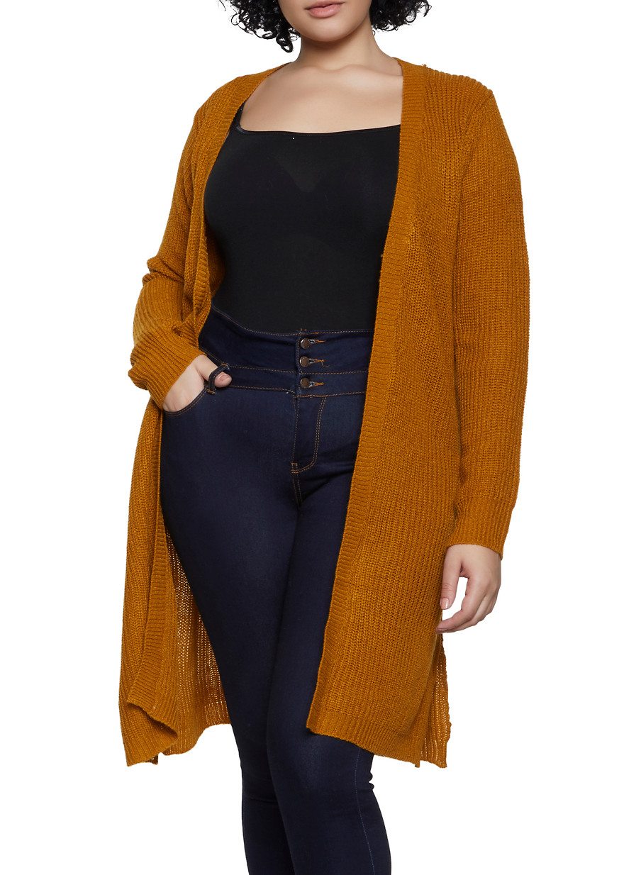 Plus Size Open Front Slit Side Knit Duster