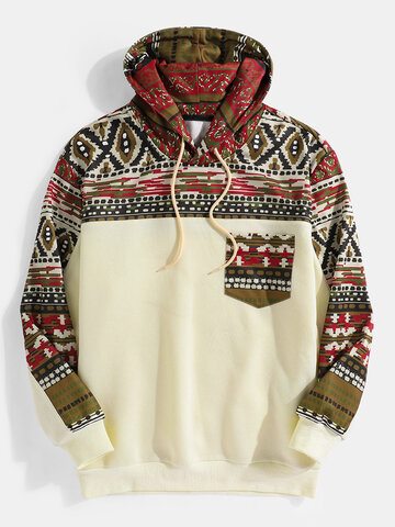 Ethnic Print Patchwork Pullover Hoodie