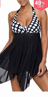 Handkerchief Hem Halter Polka Dot Swimdress and Panty