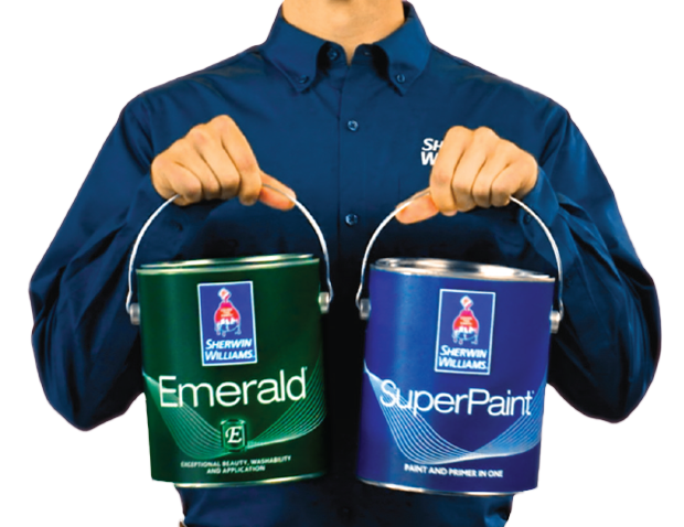 Image of a Sherwin-Williams employee holding a can of Emerald and SuperPaint cans.