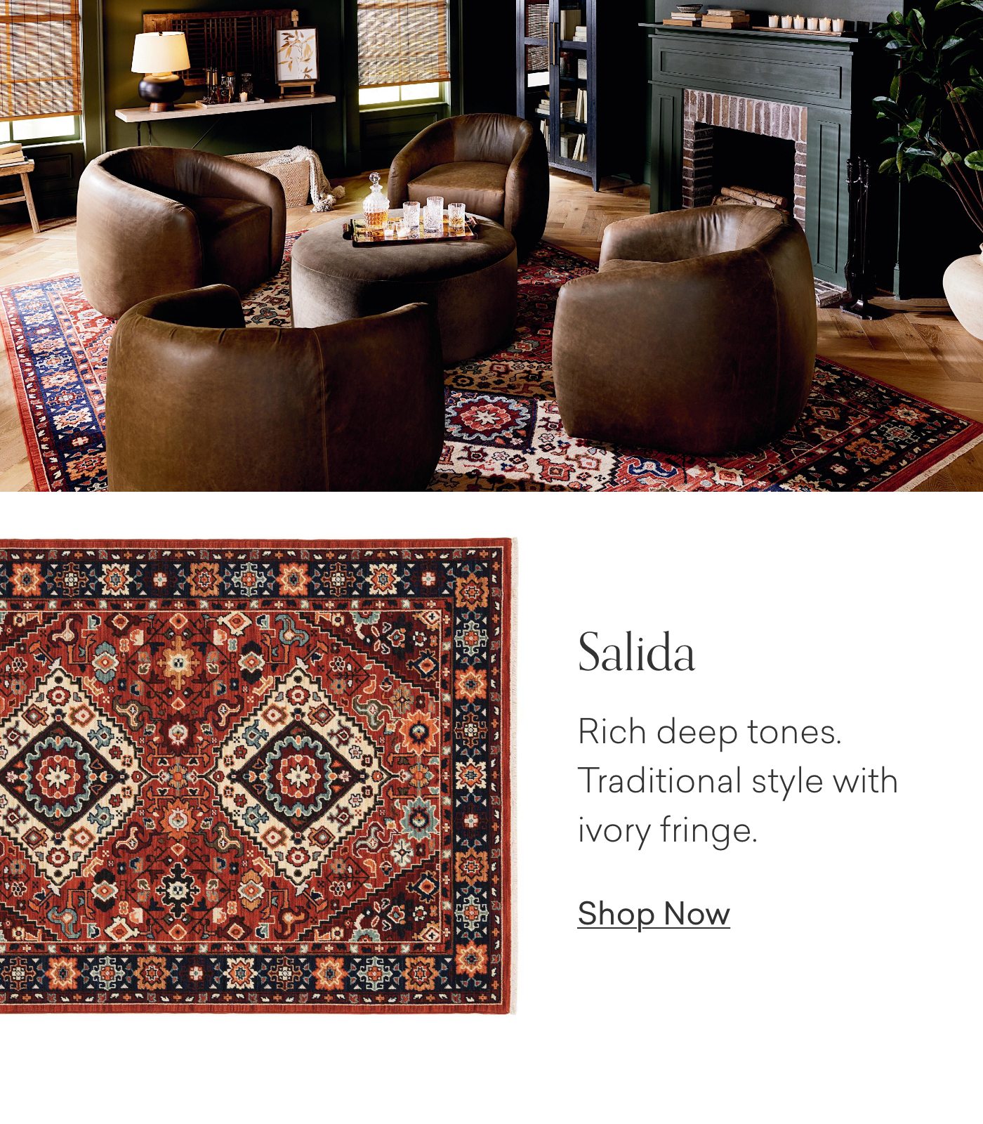 Salida: Rich deep tones. Traditional style with ivory fringe. Shop Now