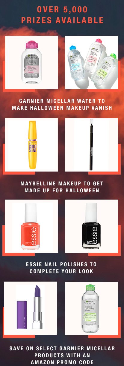 OVER 5,000 PRIZES AVAILABLE - GARNIER MICELLAR WATER TO MAKE HALLOWEEN MAKEUP VANISH - MAYBELLINE MAKEUP TO GET MADE UP FOR HALLOWEEN - ESSIE NAIL POLISHES TO COMPLETE YOUR LOOK - SAVE ON SELECT GARNIER MICELLAR PRODUCTS WITH AN AMAZON PROMO CODE