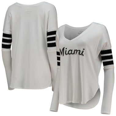 Women's Tiny Turnip White Miami Marlins Jalynne Jersey Tri-Blend Long Sleeve V-Neck T-Shirt