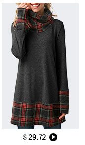 Plaid Cowl Neck Patchwork Dark Grey T Shirt