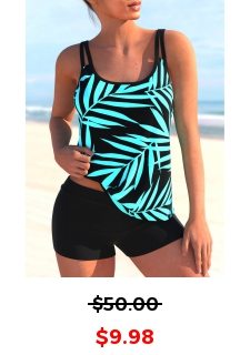 ROTITA Tropical Print Cyan Wide Strap Tankini Top