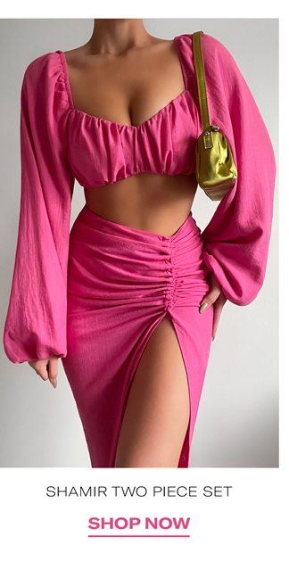SHAMIR BALLOON SLEEVE CROP TOP AND RUCHED SPLIT MIDI SKIRT IN HOT PINK