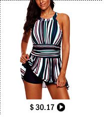 Keyhole Back Stripe Print One Piece Swimdress