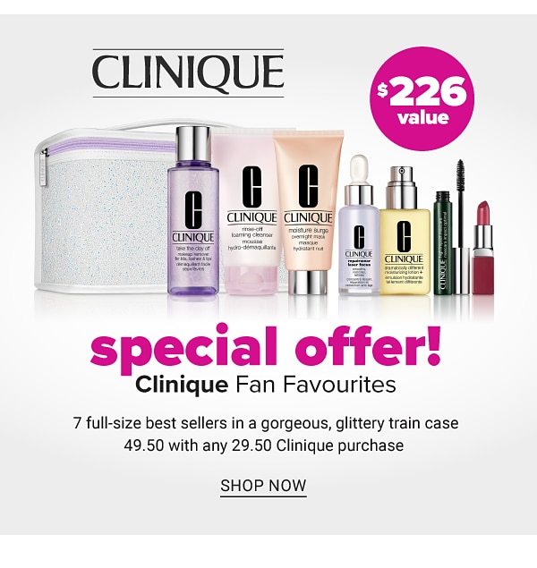 Special Offer! Clinique Fan Favorites - 7 Full-Size Best Sellers in a gorgeous, glittery train case - 49.50 with any 29.50 Clinique purchase - Shop Now