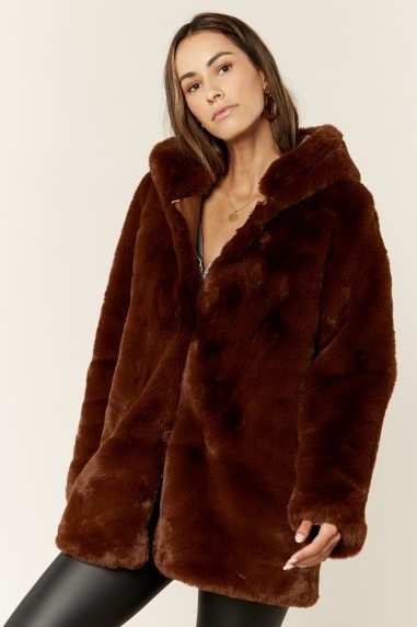 Chocolate Hooded Long Sleeve Faux Fur Jacket