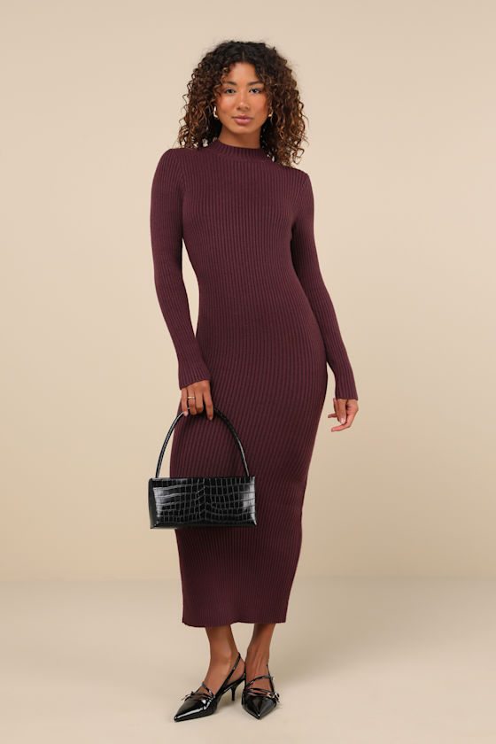 Image of Autumnal Sensation Plum Purple Ribbed Long Sleeve Sweater Dress