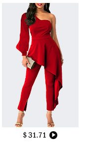 Ruffle Trim One Sleeve Red Jumpsuit