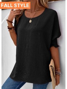 ROTITA Smocked Black Round Neck Half Sleeve T Shirt