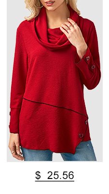 Button Embellished Cowl Neck Red Blouse