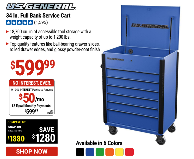 US GENERAL: 34 In. Full Bank Service Cart, Blue