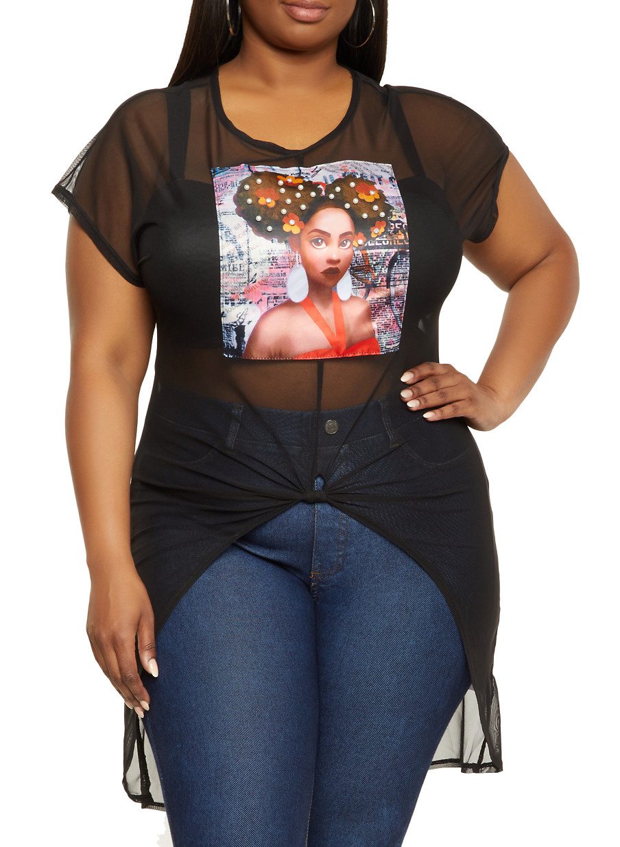 Plus Size Afro Girl Patch High Low Top
