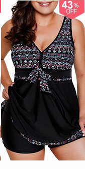 Printed Bowknot Embellished Plus Swimdress and Black Shorts