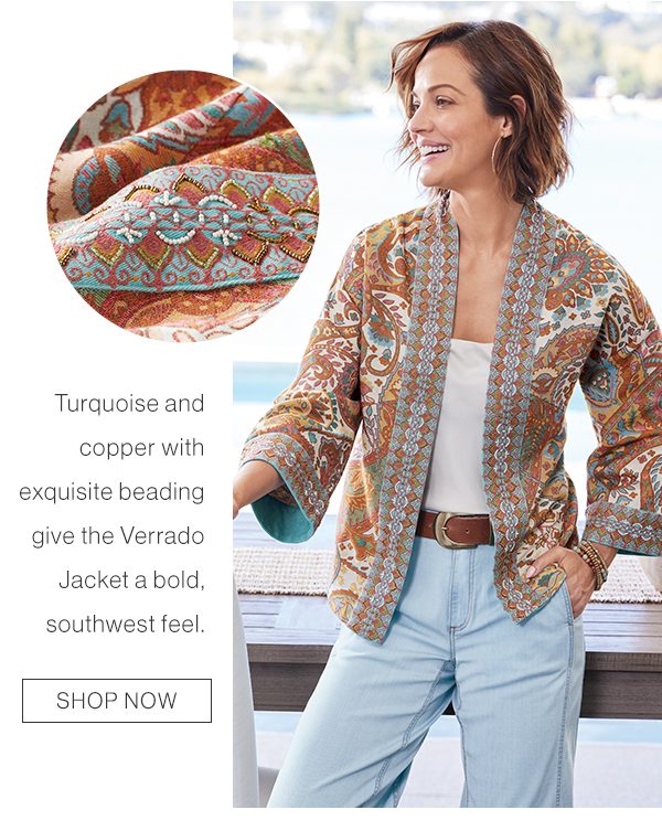 Turquoise and copper with exquisite beading give the Verrado Jacket a bold, southwest feel. Shop now