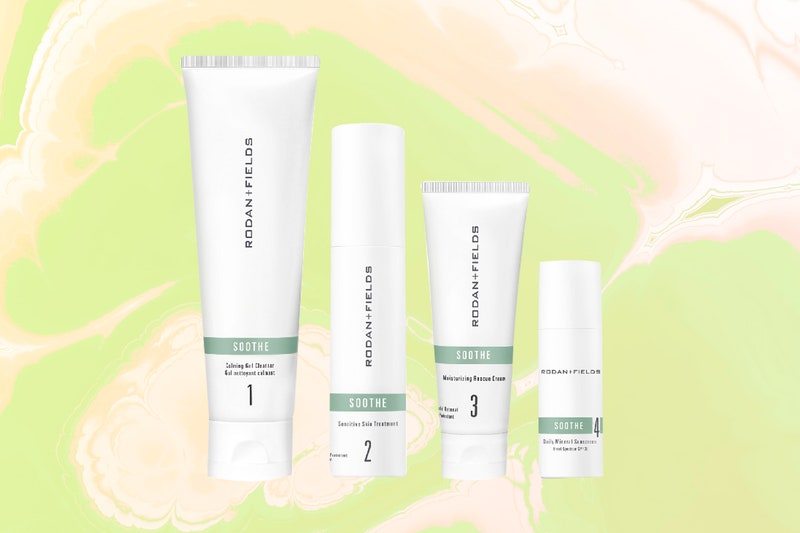 4 Rodan + Fields Soothe collection products on a marble green background