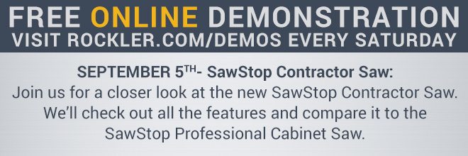 Free Online Demonstration! September 5th - SawStop Contractor Saw
