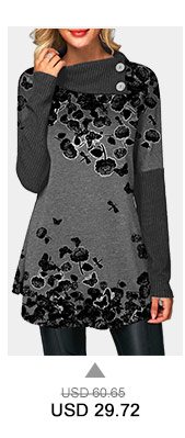 Curved Hem Button Embellished Printed T Shirt