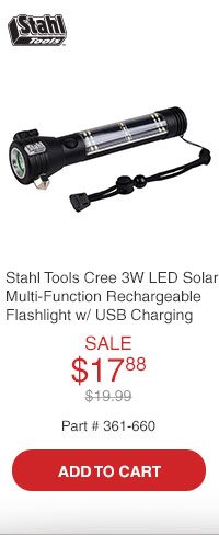 Stahl Tools FS3WC-U3 Cree 3W LED Solar Multi-Function Rechargeable Flashlight with USB Charging
