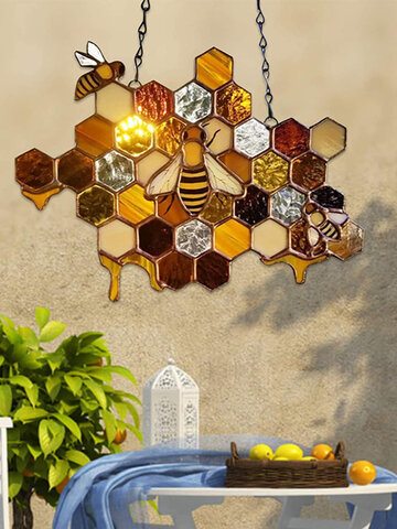1 PC Acrylic Honeycomb Bee Printing Home Garden Suncatcher Pendant Wall Hanging Multi-Purpose Decoration