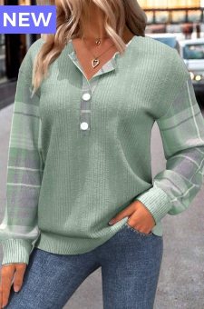 Green Button Plaid Long Sleeve Split Neck Sweatshirt