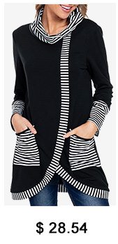 Stripe Print Cowl Neck Pocket Black Sweatshirt