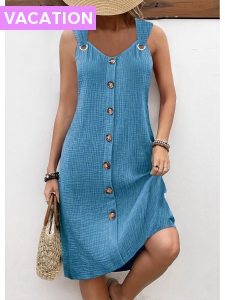 ROTITA Breathable Dusty Blue A Line V Neck Sleeveless Dress