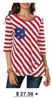 Three Quarter Sleeve Flag Print Red T Shirt