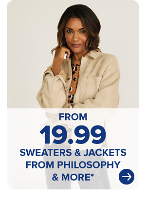 A woman in a tan jacket. From 19.99 sweaters and jackets from Philosophy and more.