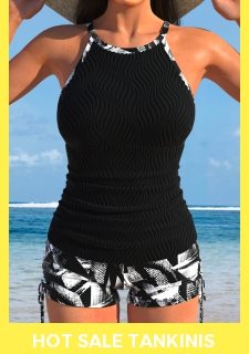 ROTITA Ruched Black Geometric Print Tankini Set