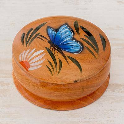 Round Cedar Decorative Box with Hand Painted Butterfly, 'Daisy Friend'