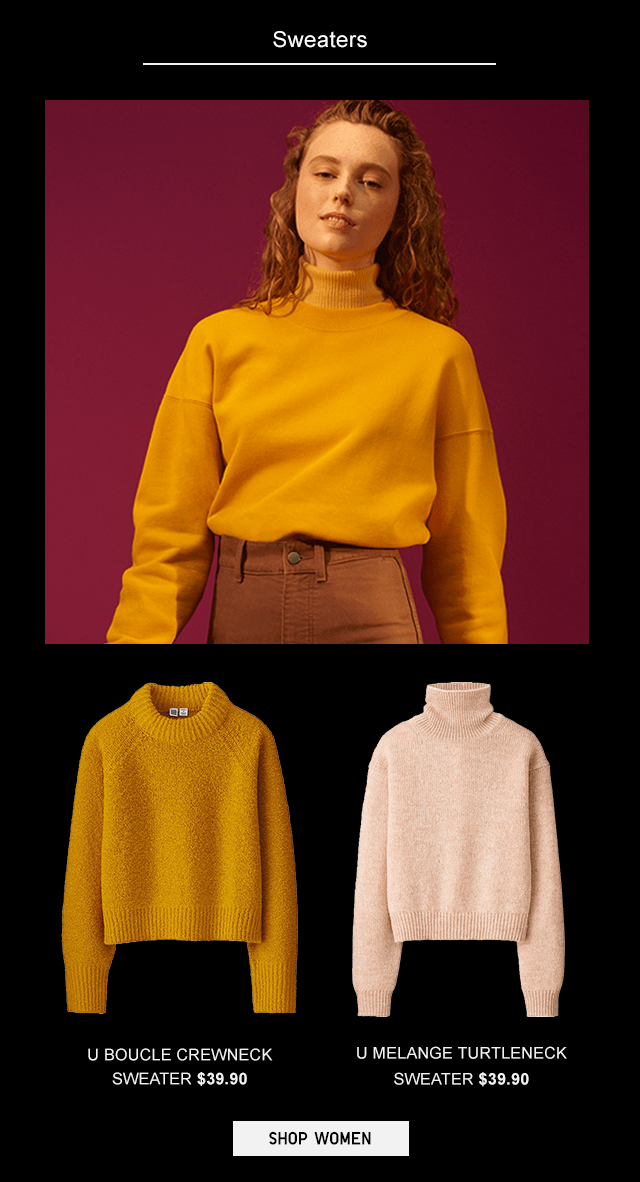 SWEATERS - U BOUCLE CREWNECK SWEATER $39.90, U MELANGE TURTLENECK SWEATER $39.90 - SHOP WOMEN