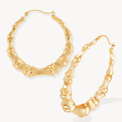 Polished Bamboo Hoop Earrings 10K Yellow Gold 34mm