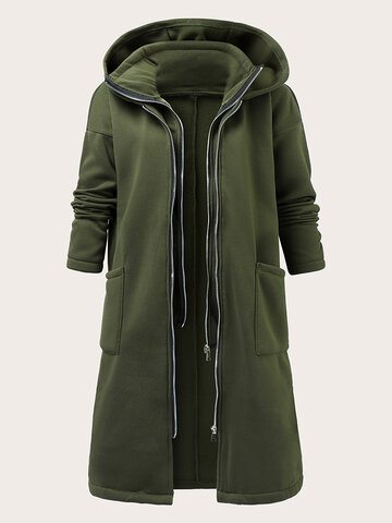 Loose Solid Zip Front Hooded Casual Coat