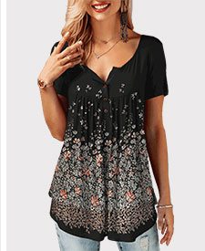 Round Neck Button Front Retro Print T Shirt