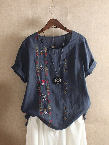 Vintage Embroidery Button T-shirt