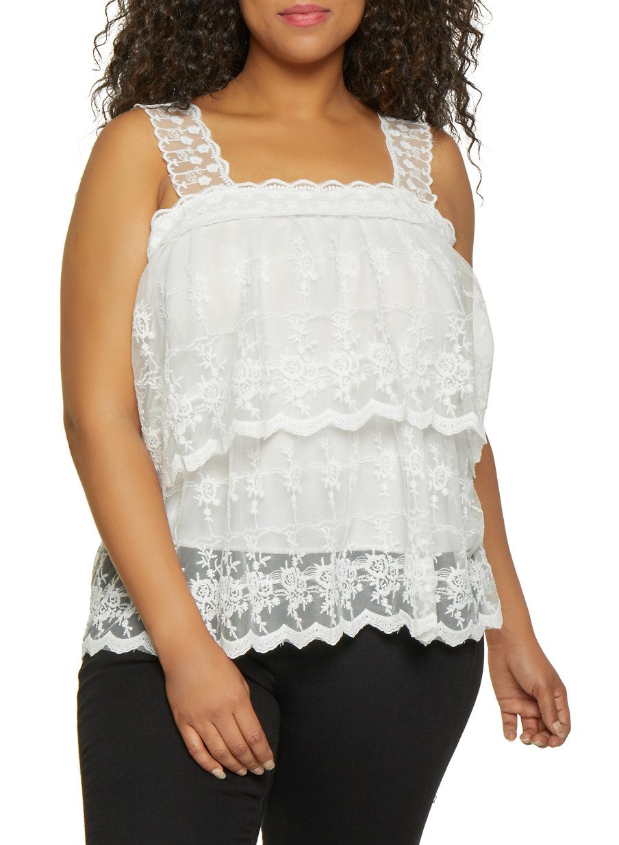 Plus Size Tiered Embroidered Mesh Top