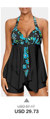 Open Back Printed Asymmetric Hem Tankini Set