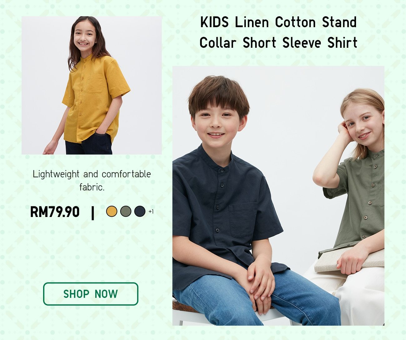 KIDS Linen Cotton Stand Collar Short Sleeve Shirt
