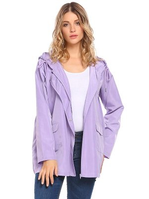 Purple Women Casual Hooded Lightweight Windproof Trench Coat Outdoor Rainjacket